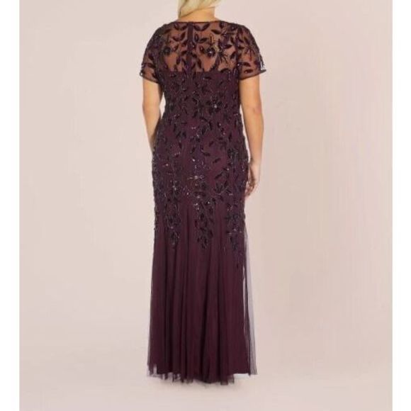 Adrianna Papell Plus Sz 16W Night Plum Hand Beaded S/S Floral Godet Gown $379 - Picture 10 of 10
